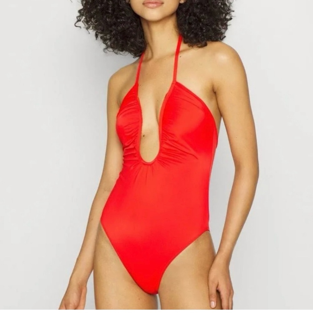 Good American Red One Piece Plunge Swimsuit